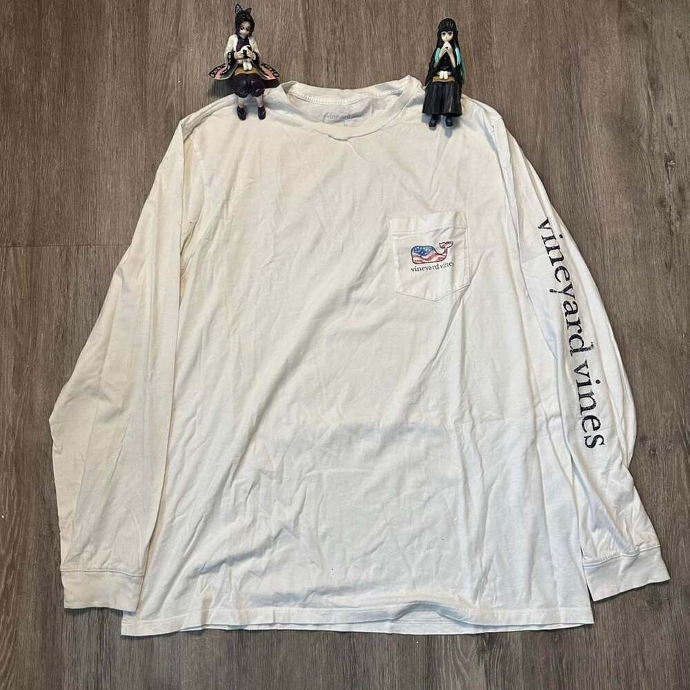 Vineyard Vines White Long Sleeve American Flag Whale Pocket T-Shirt Size XL